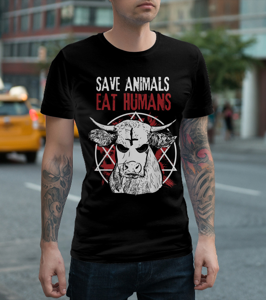 Save Animals Eat Humans Fun Satan Cow Vegan Animal Lover T-Shirt