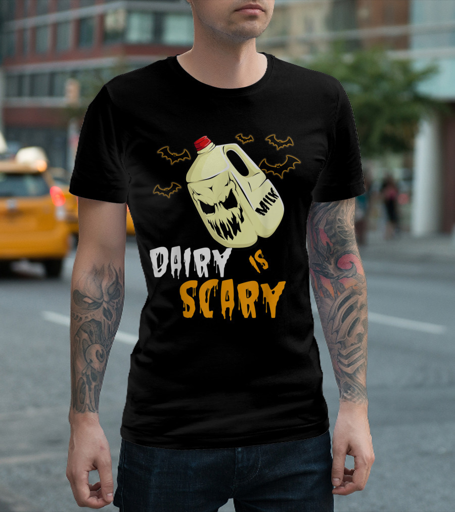 Dairy Is Scary Milk Jug with Halloween Bats Vegan Halloween Veganism T-Shirt