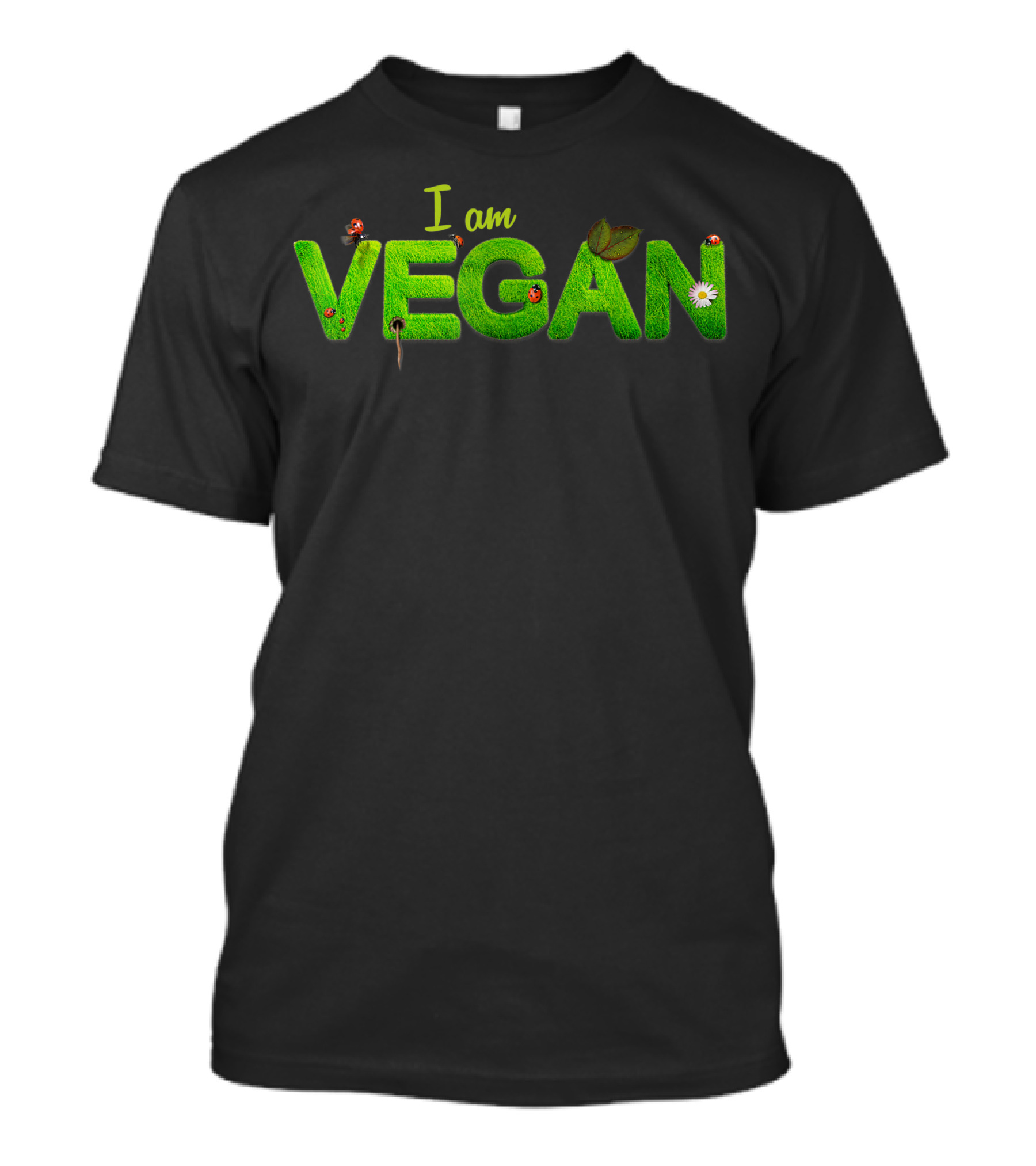 I Am Vegan Ladybug Grass Text With Leaves And Daisy T-Shirt