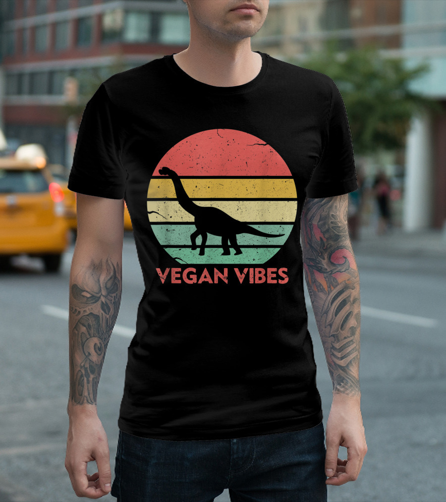Vegan Vibes Dinosaur Vintage Sunset Stripes Vegetarian T-Shirt