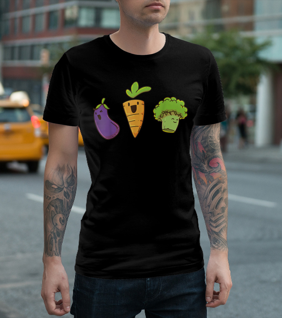 Broccoli Carrot Aubergine Happy Vegetables Vegan T-Shirt