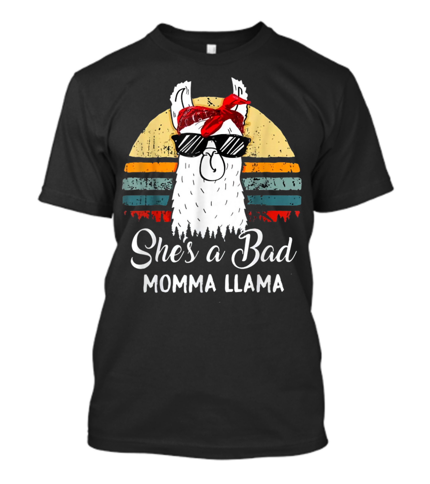 She's A Bad Momma Llama Retro Vintage Style Sunglasses Bandana Sunset T-Shirt
