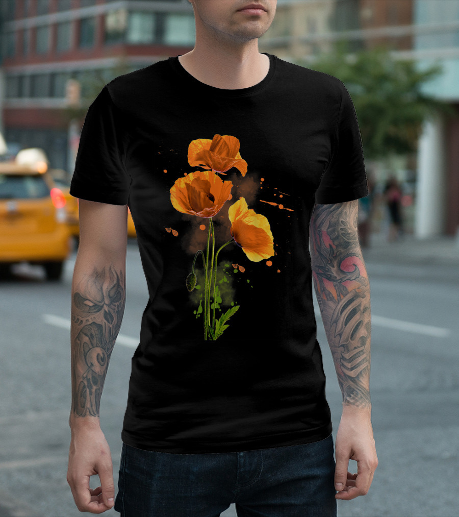 Watercolor Yellow Poppy Flower Bouquet Gardening Plants D8 Splatter Art Botanical T-Shirt