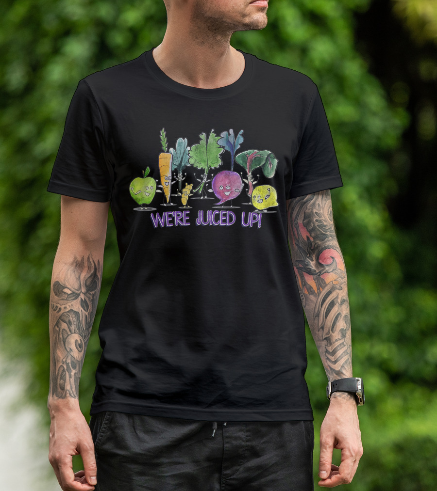 We're Juiced Up Fitness Juicing Healthy Juice Lover Vibrant Fruit And Veggie Characters T-Shirt