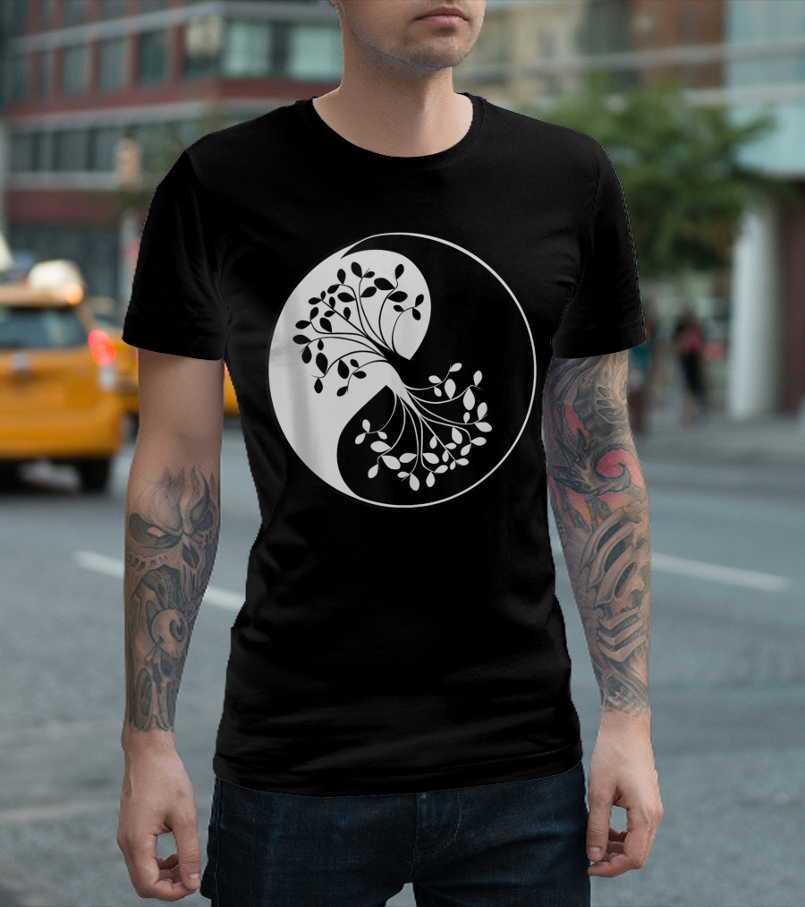 Yin Yang Tree of Life Black White Balance Yoga T-Shirt