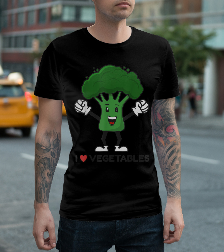 I Love Vegetables Vegan Vegetarian Fun Food Broccoli Happy Character T-Shirt