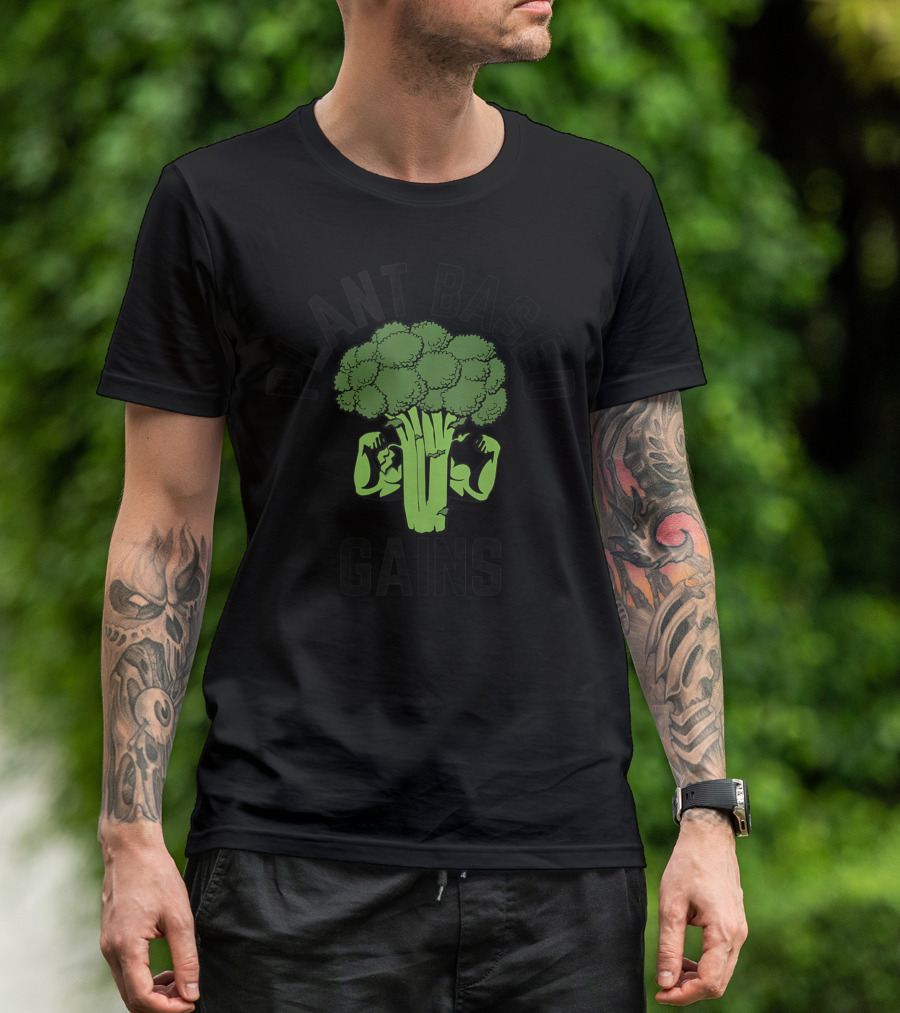 Plant Based Gains Flexing Broccoli Fitness Workout T-Shirt