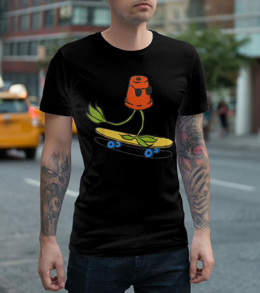 Plant in Sunglasses on Skateboard with Pot Vegan Skaters T-Shirt