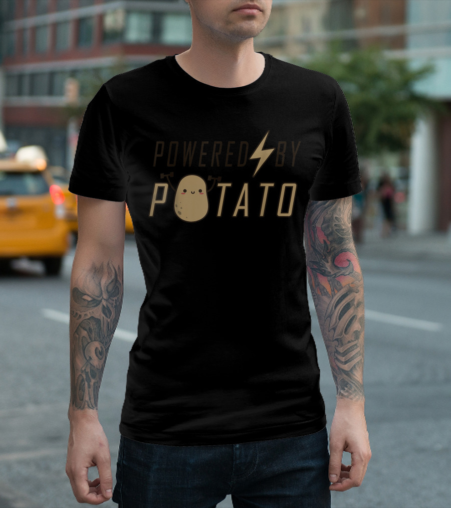 Powered By Potato Cute Character with Lightning Bolt Vegan Vegetarian Day T-Shirt