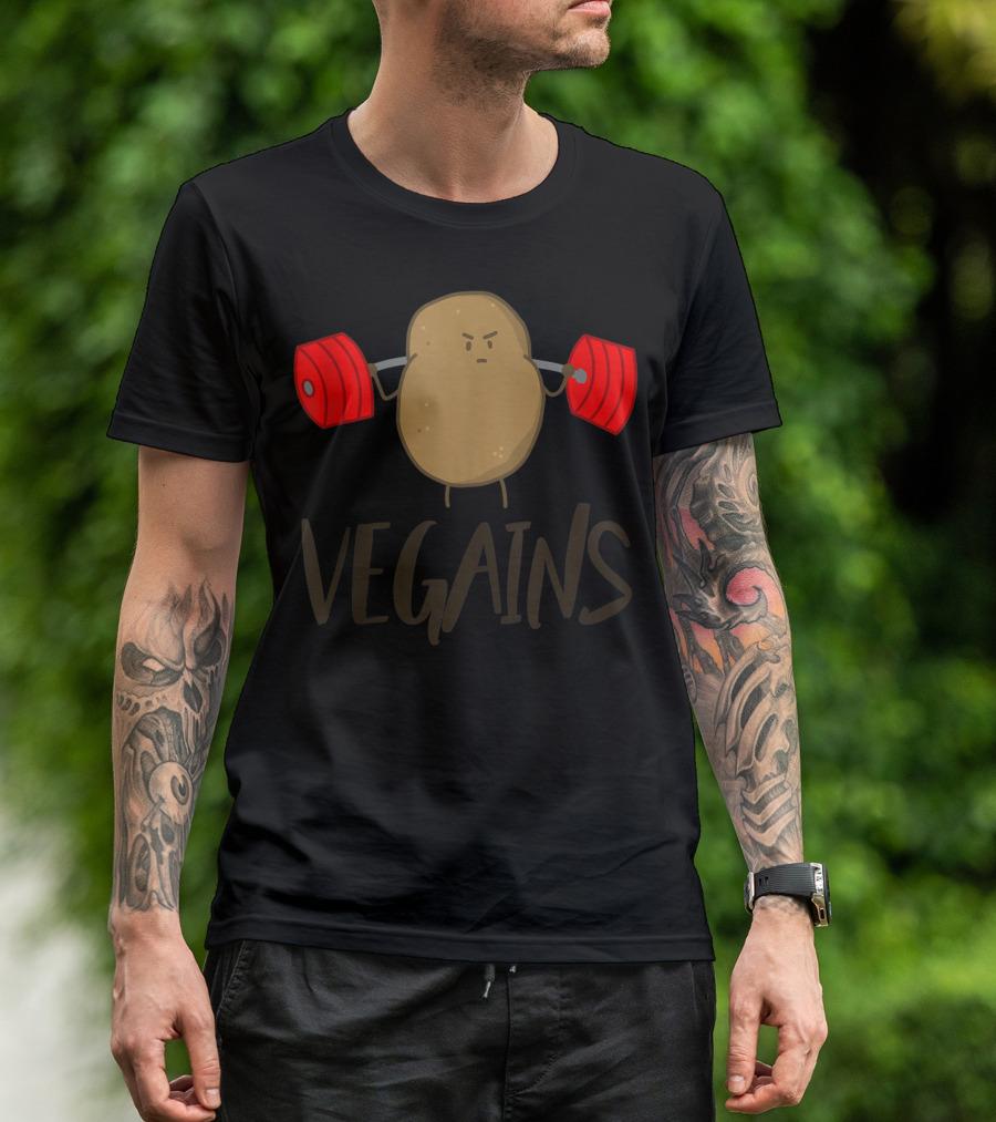 Vegains Potato Plant Powered Vegan Athlete Gym Workout T-Shirt