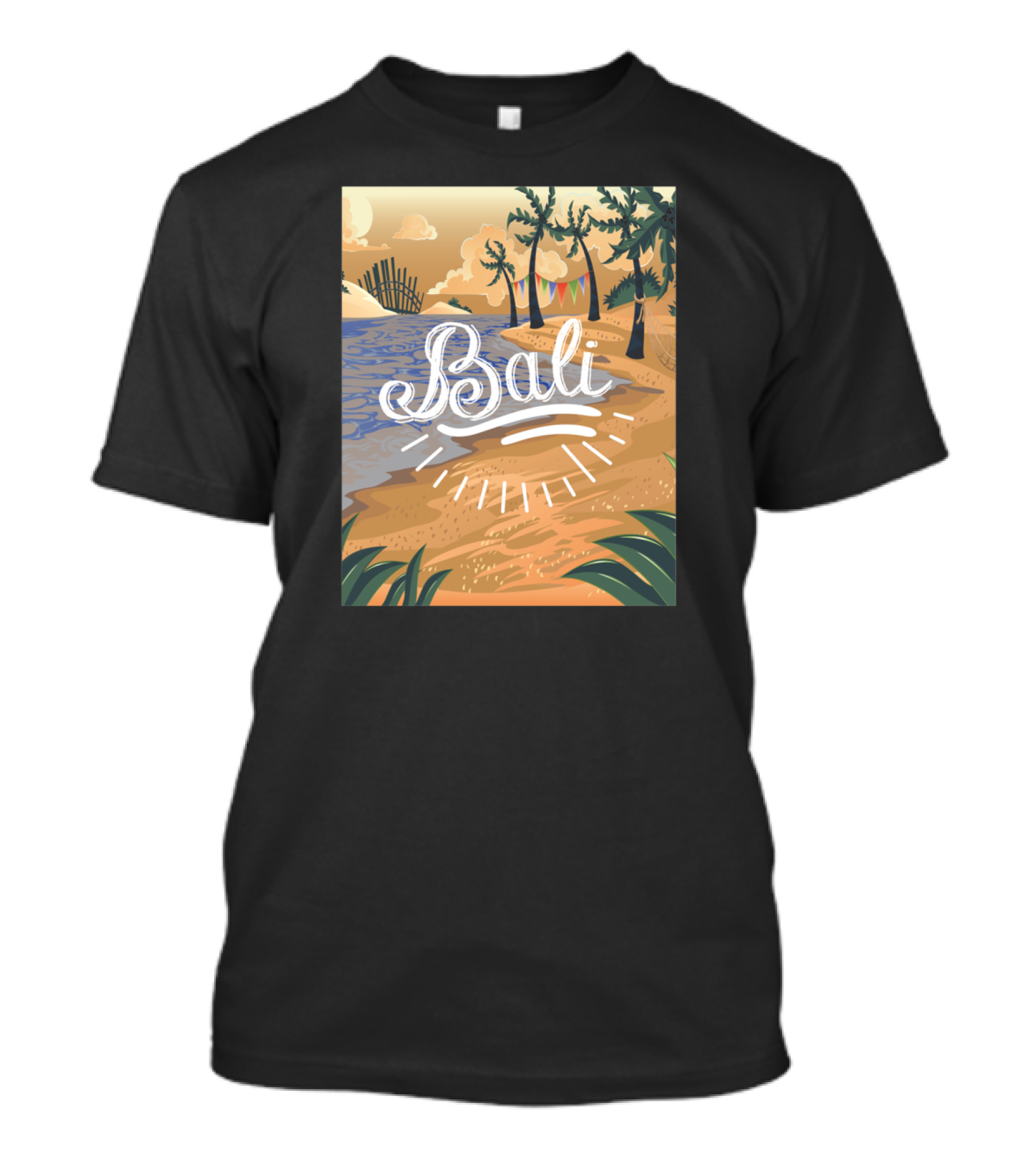 Bali Scenic Tropical Beach Palms And Ocean Sunset Scene T-Shirt