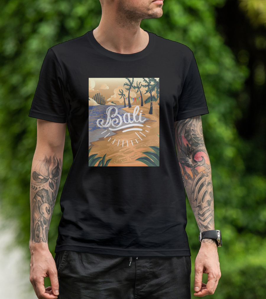 Bali Scenic Tropical Beach Palms And Ocean Sunset Scene T-Shirt