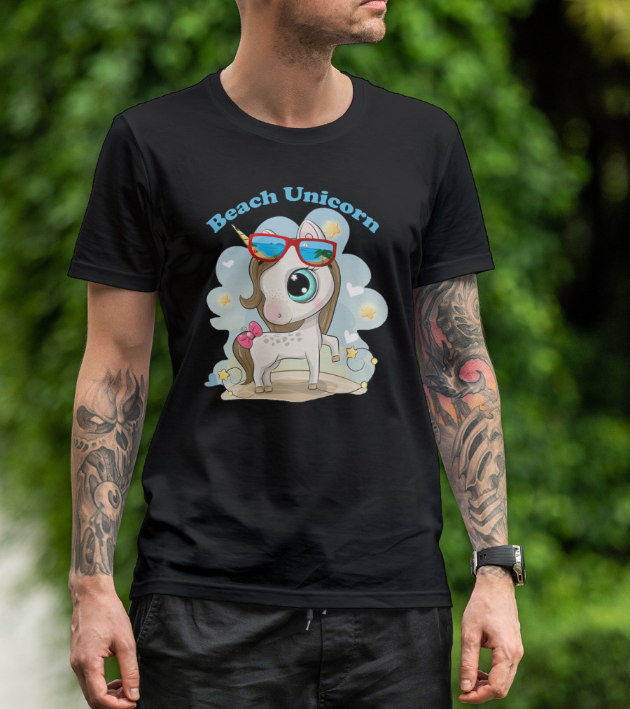 Beach Unicorn With Sunglasses And Star Accents T-Shirt