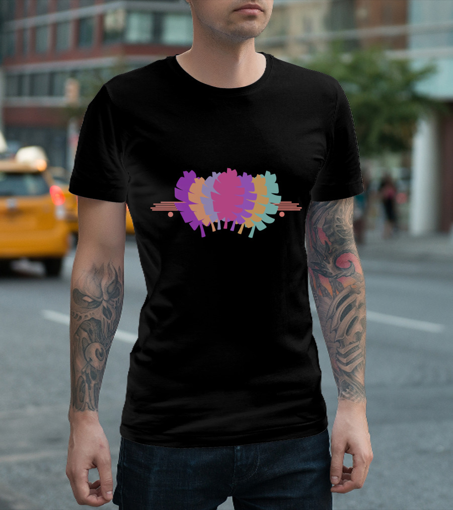 Banana Leaves In Bright Tropical Multicolor Pattern With Abstract Lines And Shapes T-Shirt