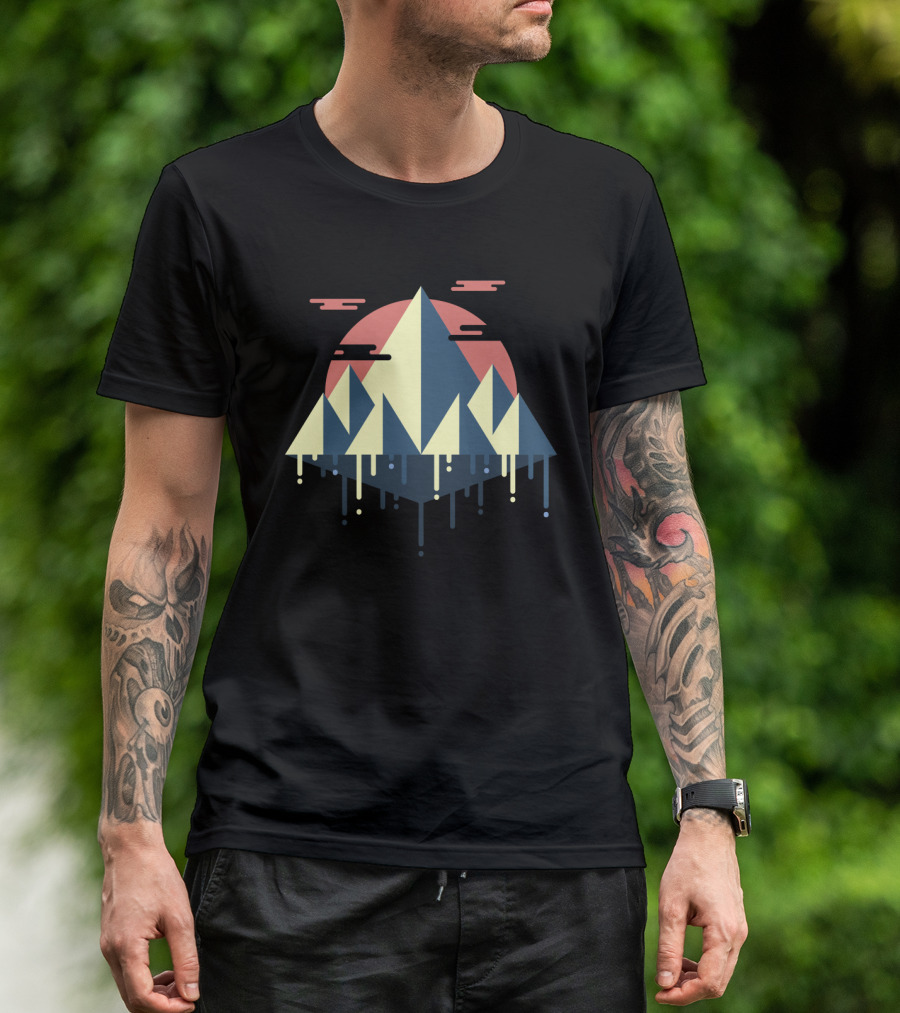 Everest Geometric Mountains With Retro Sun And Dripping Effect T-Shirt