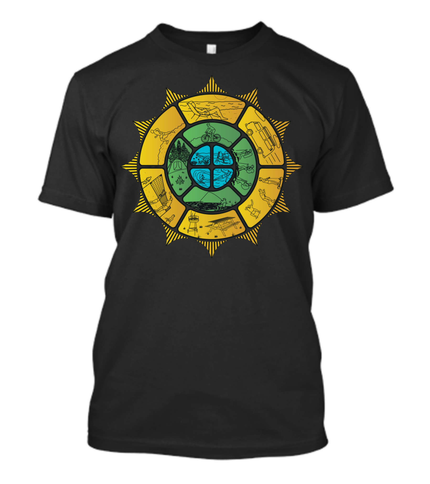 Summertime Sunburst With Beach Cycling Camping Swimming Adventure Scenes T-Shirt