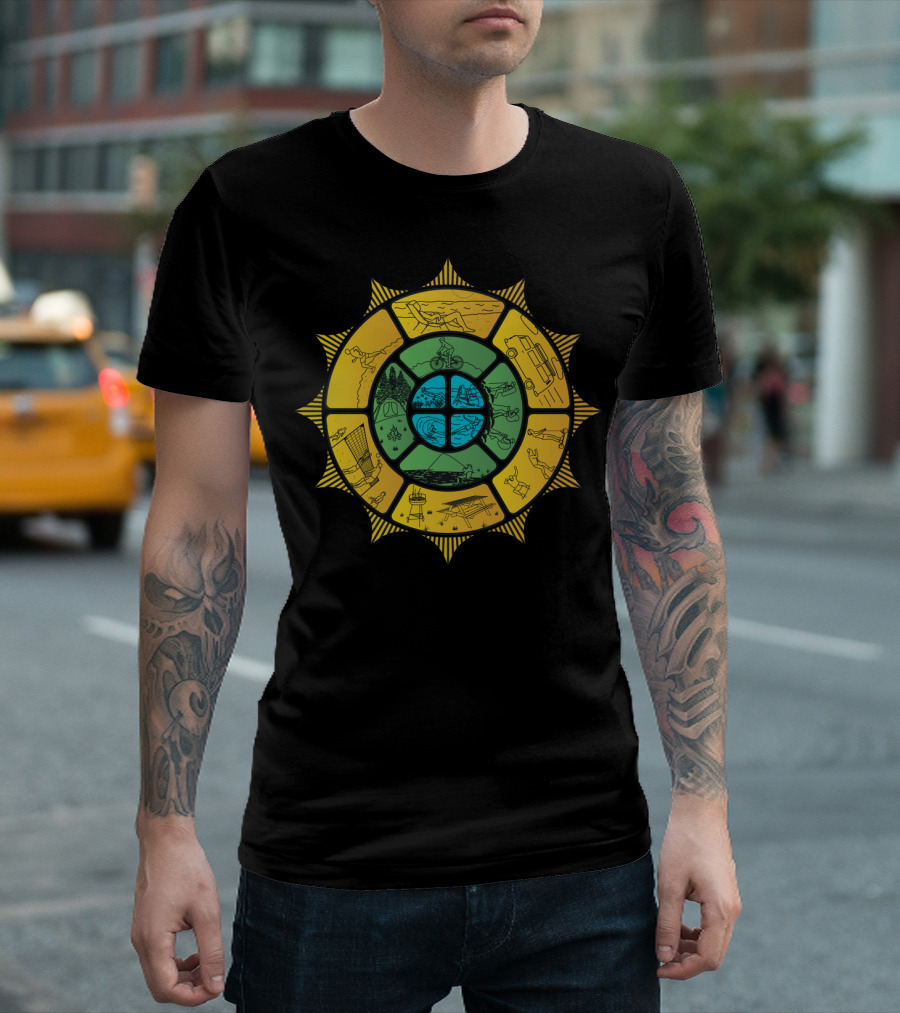 Summertime Sunburst With Beach Cycling Camping Swimming Adventure Scenes T-Shirt