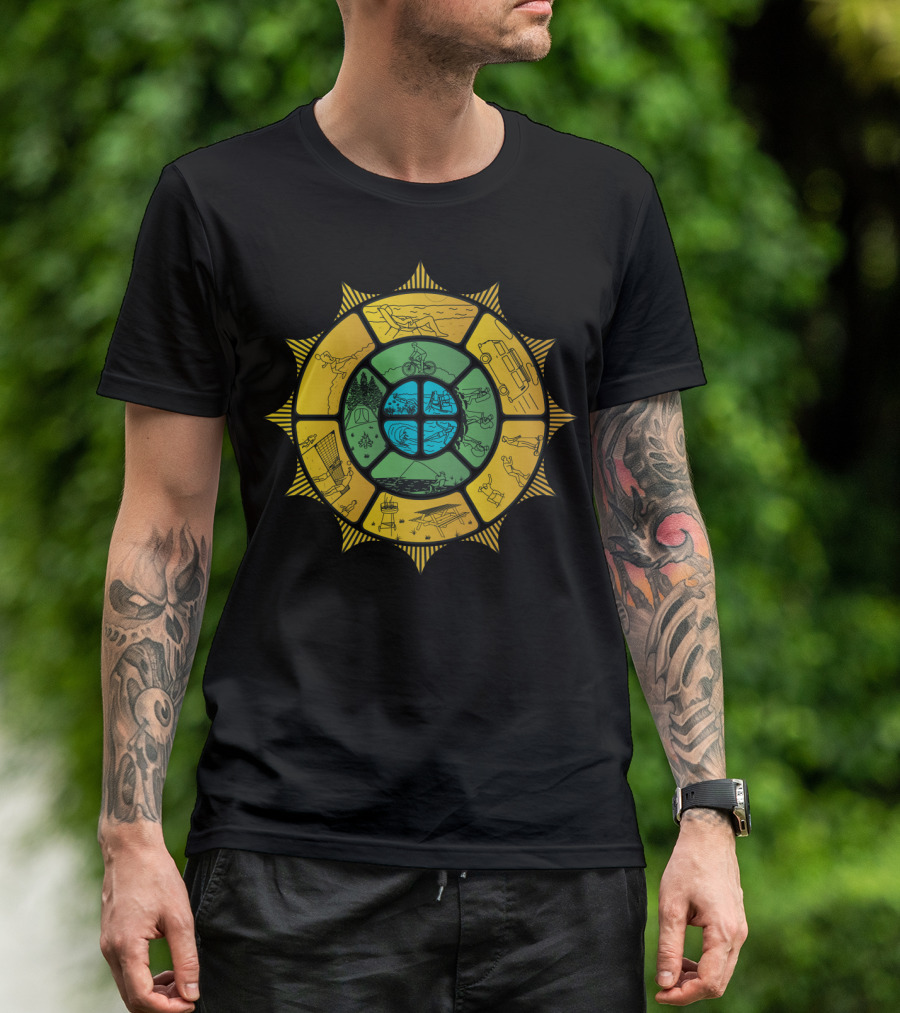 Summertime Sunburst With Beach Cycling Camping Swimming Adventure Scenes T-Shirt