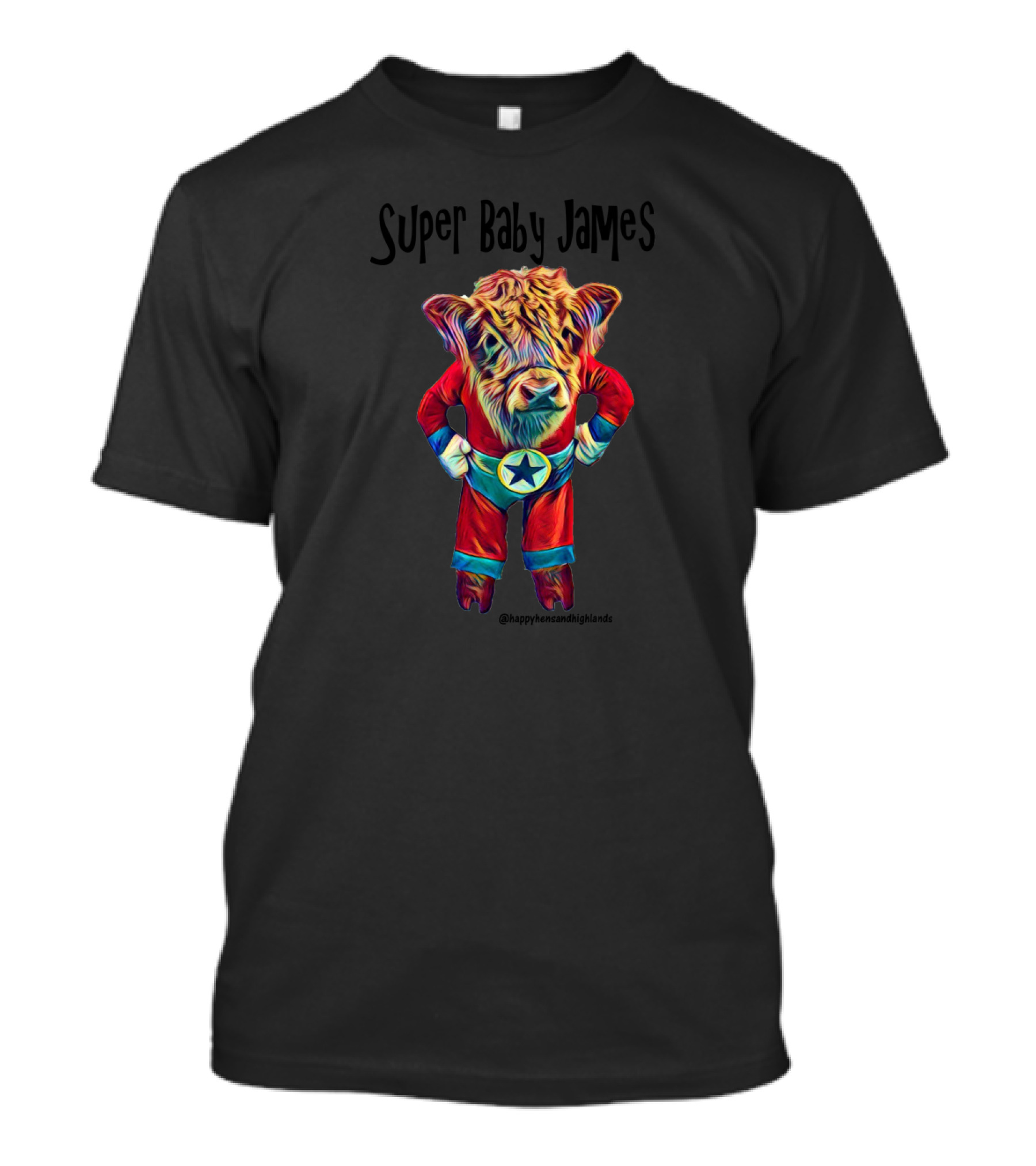 Super Baby James Highland Cow In Colorful Superhero T-Shirt
