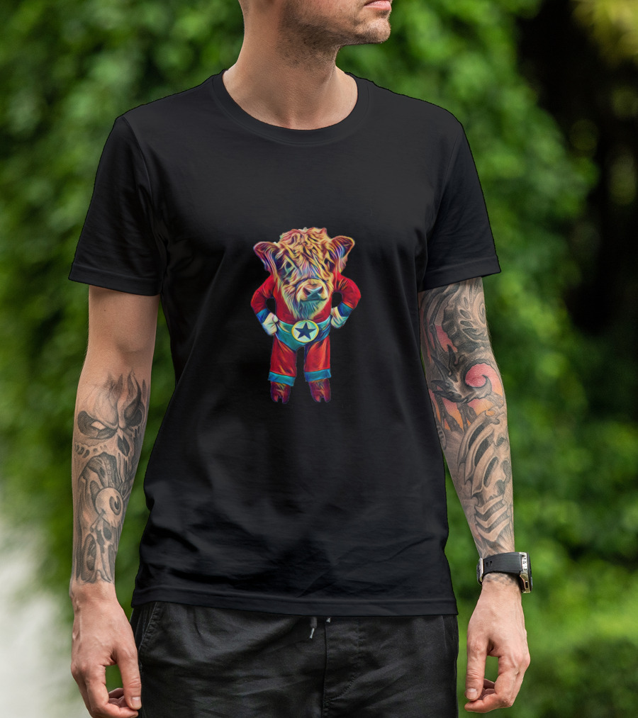 Super Baby James Highland Cow In Colorful Superhero T-Shirt