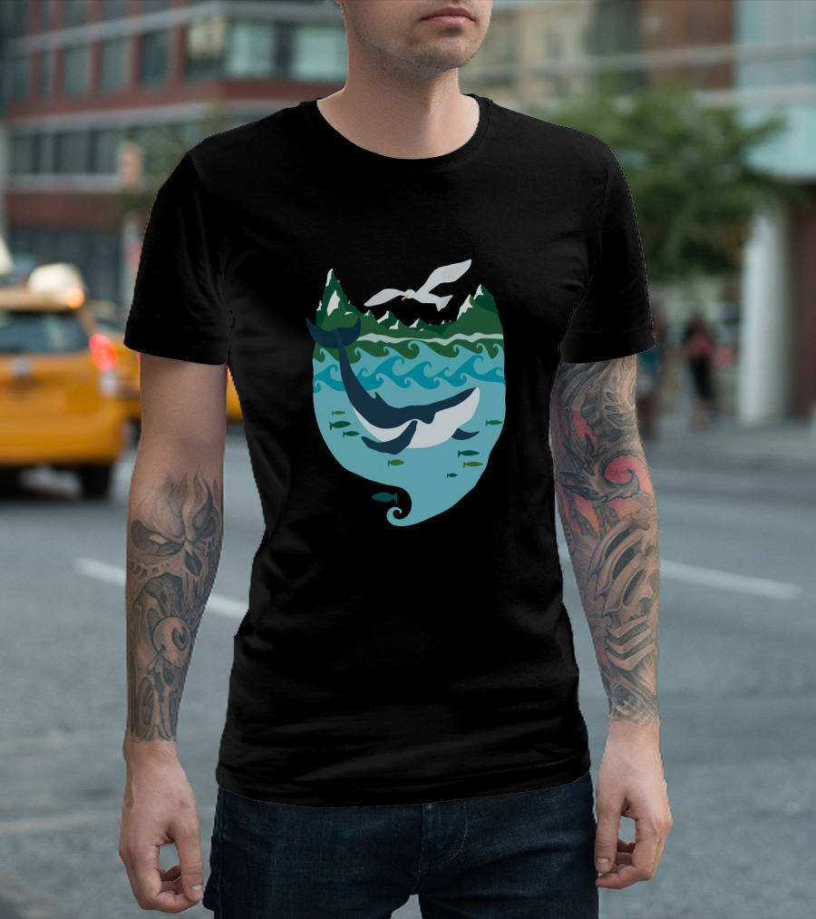 Whale Tale Ocean Scene with Whale, Fish, Waves, Mountains, and Seagull T-Shirt