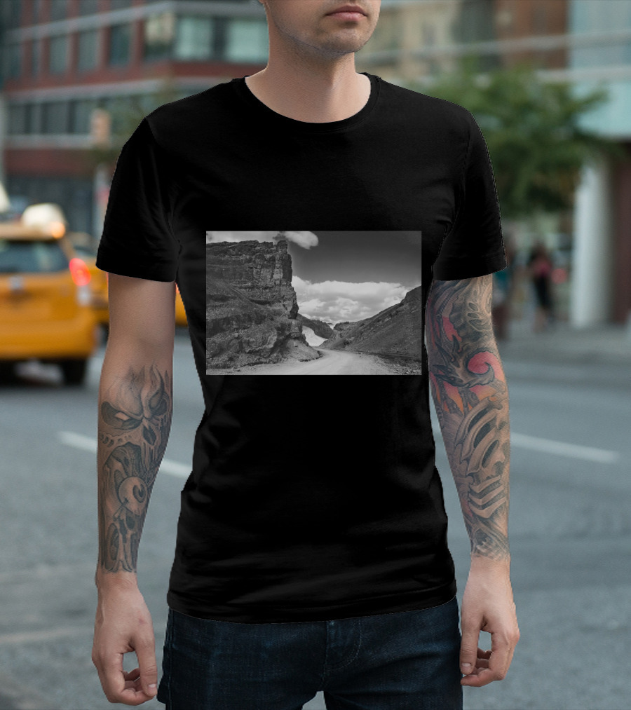 Pang Landscape Serene Mountainous Road Against Majestic Rock Formations And Cloud-Filled Sky T-Shirt