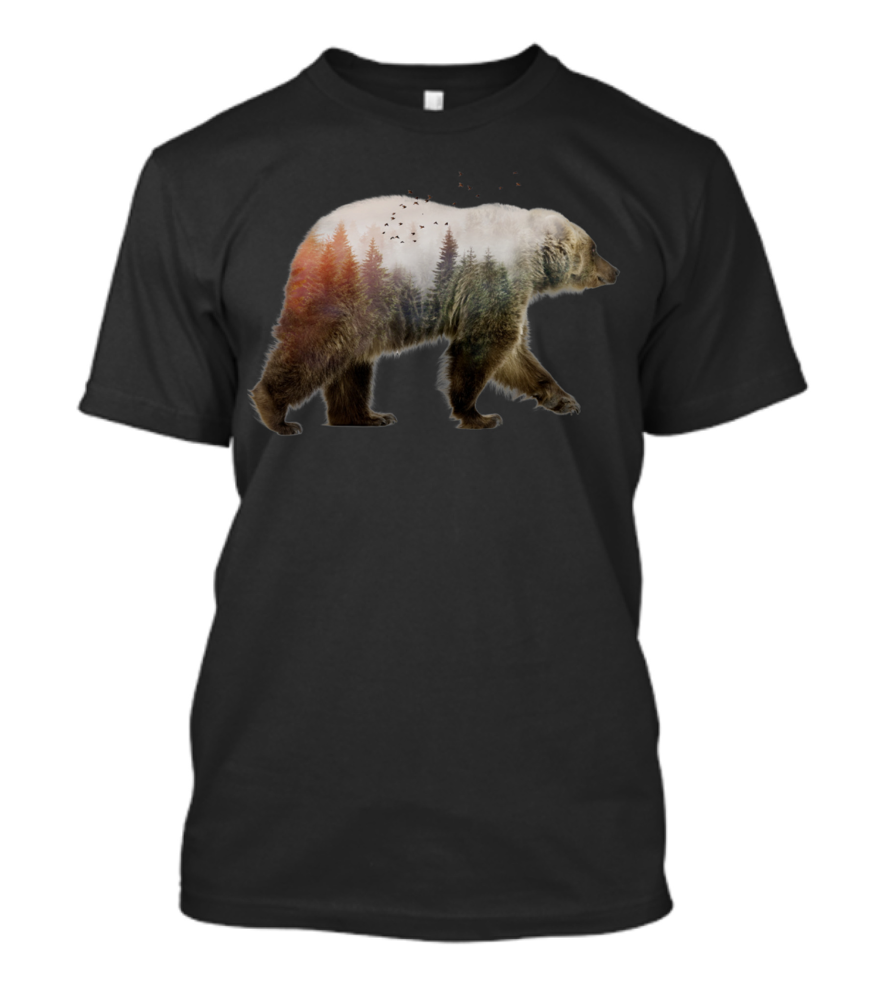 BearOutdoor Nature Forest Silhouette With Birds In Trees T-Shirt