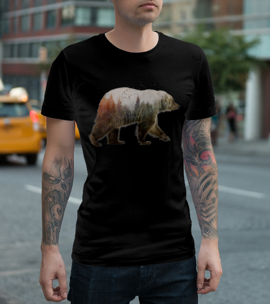 BearOutdoor Nature Forest Silhouette With Birds In Trees T-Shirt