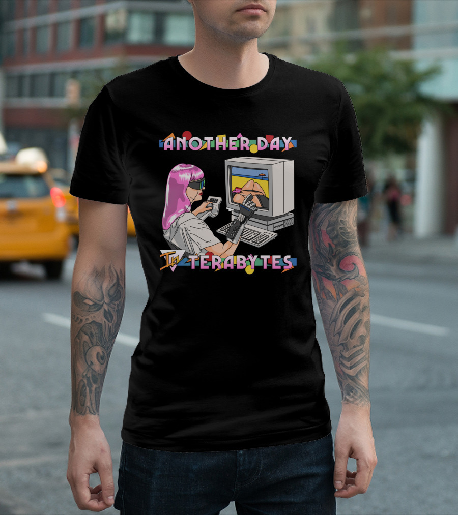 Virtual Escape: Another Day In Terabytes Cyber Gamer Art With Pink Hair Gamer And Vintage Computer T-Shirt