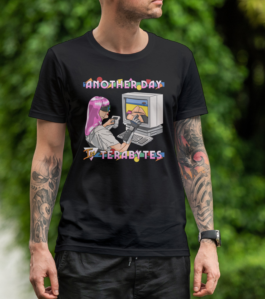 Virtual Escape: Another Day In Terabytes Cyber Gamer Art With Pink Hair Gamer And Vintage Computer T-Shirt