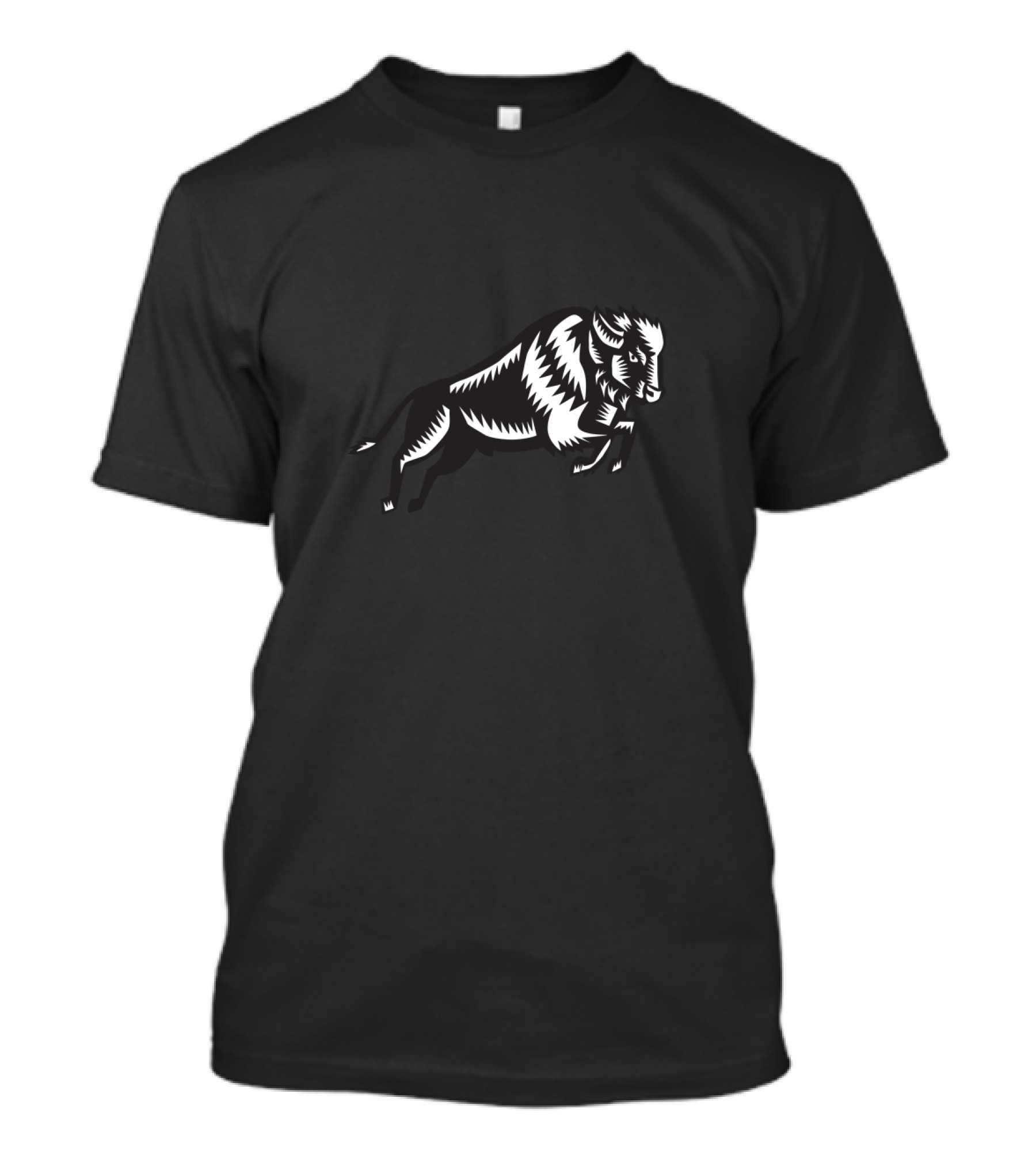 American Bison Buffalo Jumping Black And White Woodcut T-Shirt