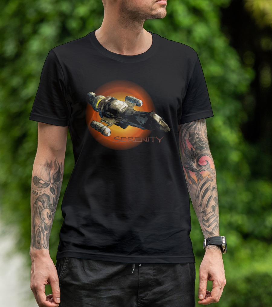 Firefly Serenity Spaceship Iconic Sci-Fi Ship Against Fiery Backdrop T-Shirt
