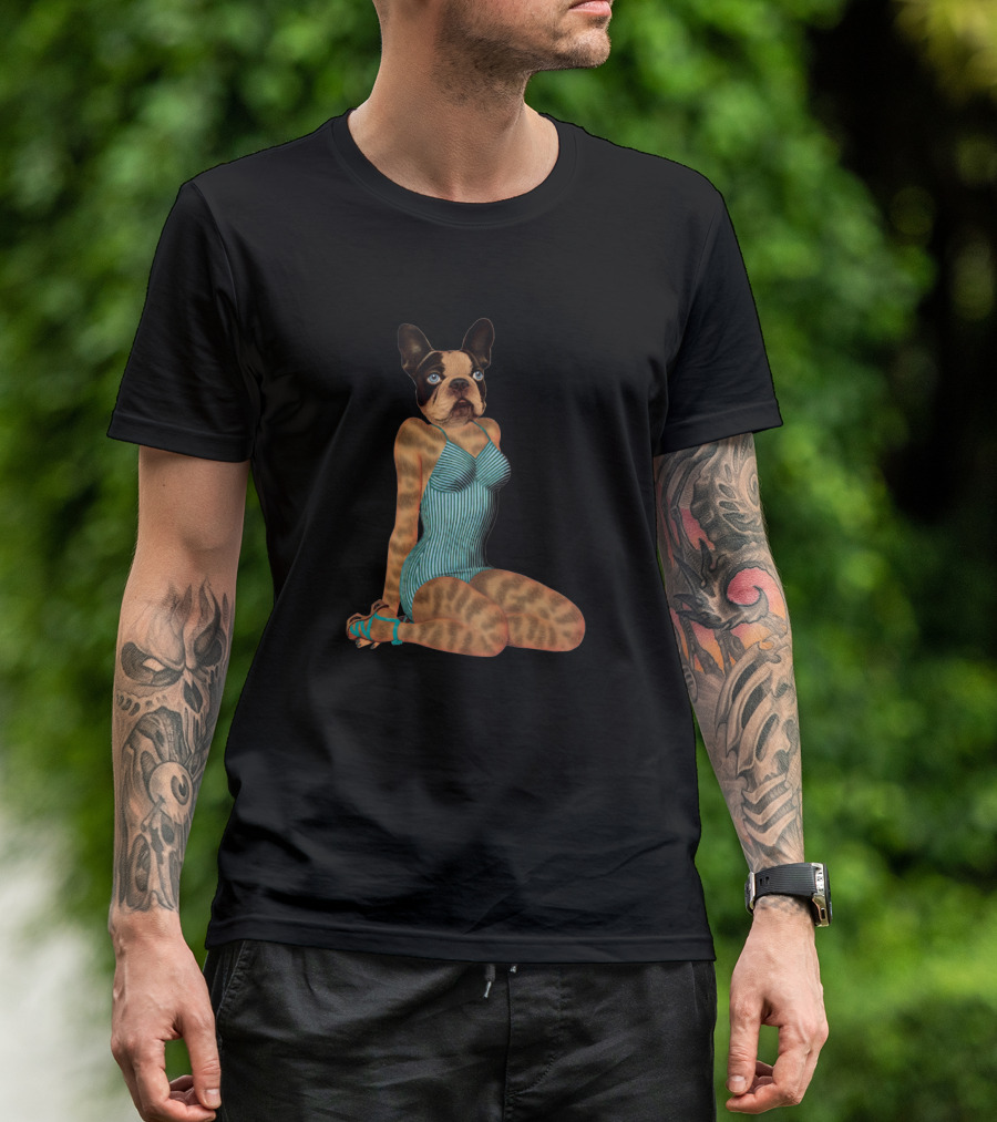 French Bulldog Pinup Girl In Retro Striped Swimsuit T-Shirt