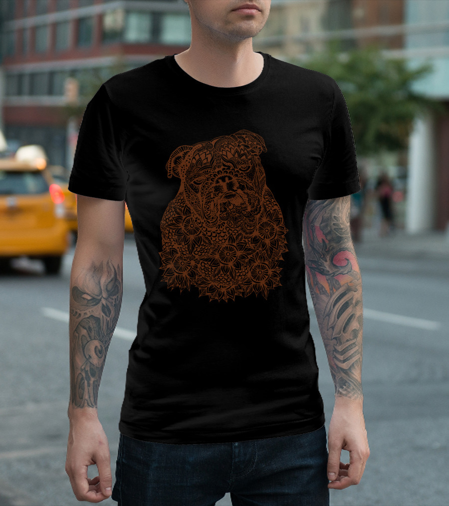 Mandala Depiction Of English Bulldog With Floral T-Shirt