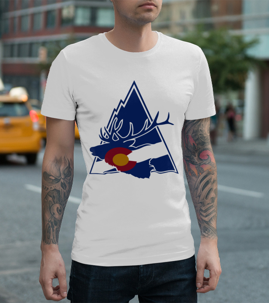 Colorado Elk with Mountain Silhouette and Colorado Flag Emblem T-Shirt