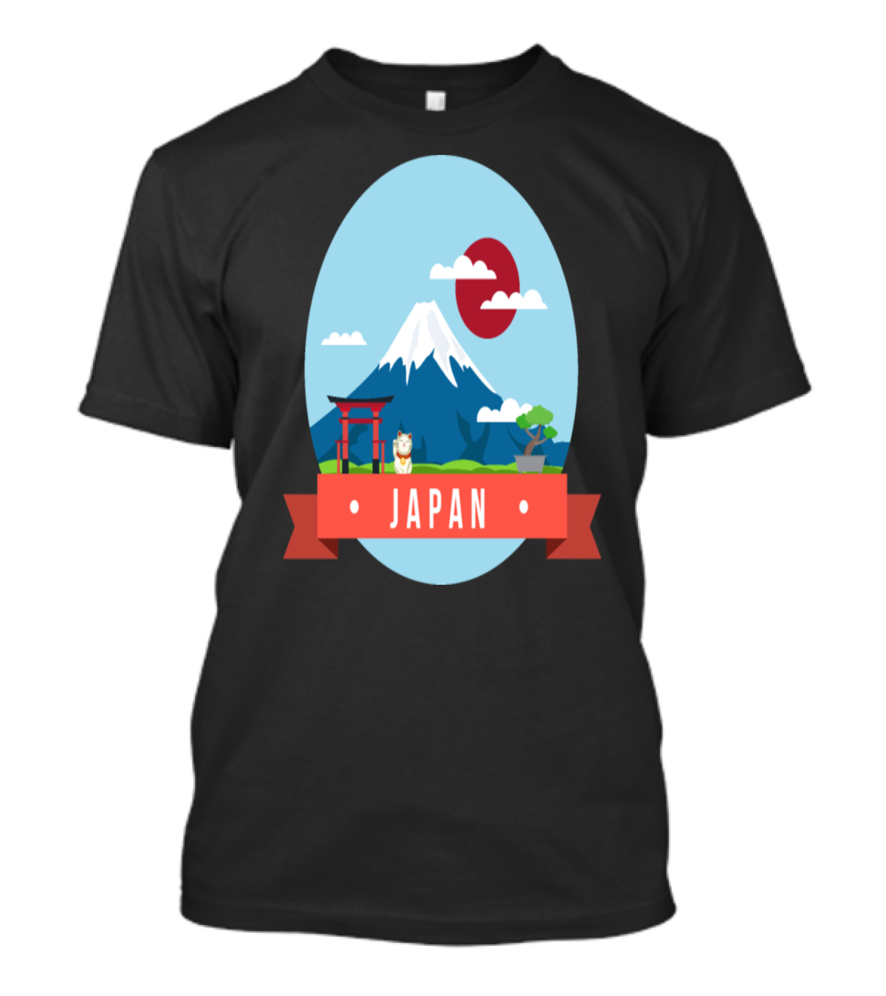 Japan Fuji Mountains Torii Cat Sun And Clouds Scenery T-Shirt