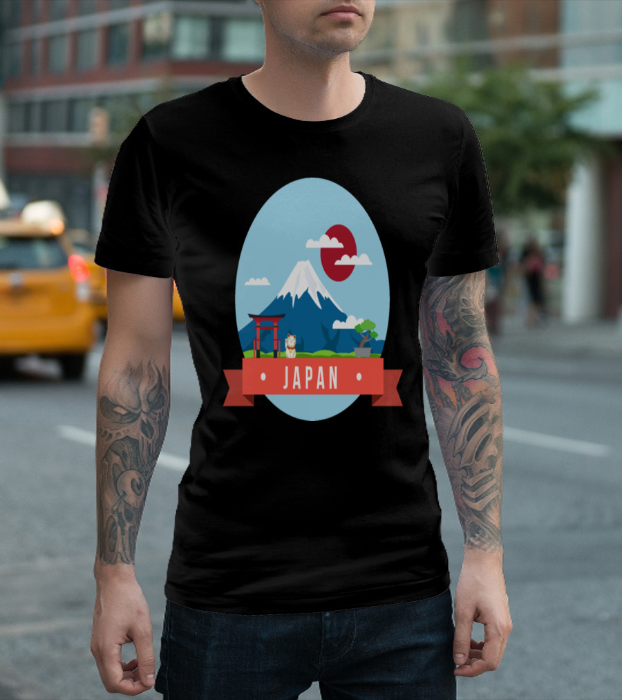 Japan Fuji Mountains Torii Cat Sun And Clouds Scenery T-Shirt