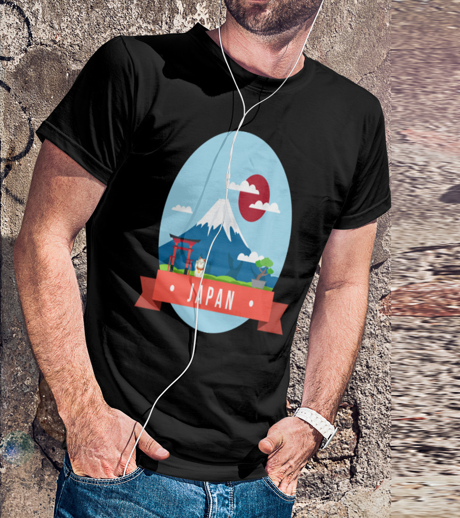 Japan Fuji Mountains Torii Cat Sun And Clouds Scenery T-Shirt