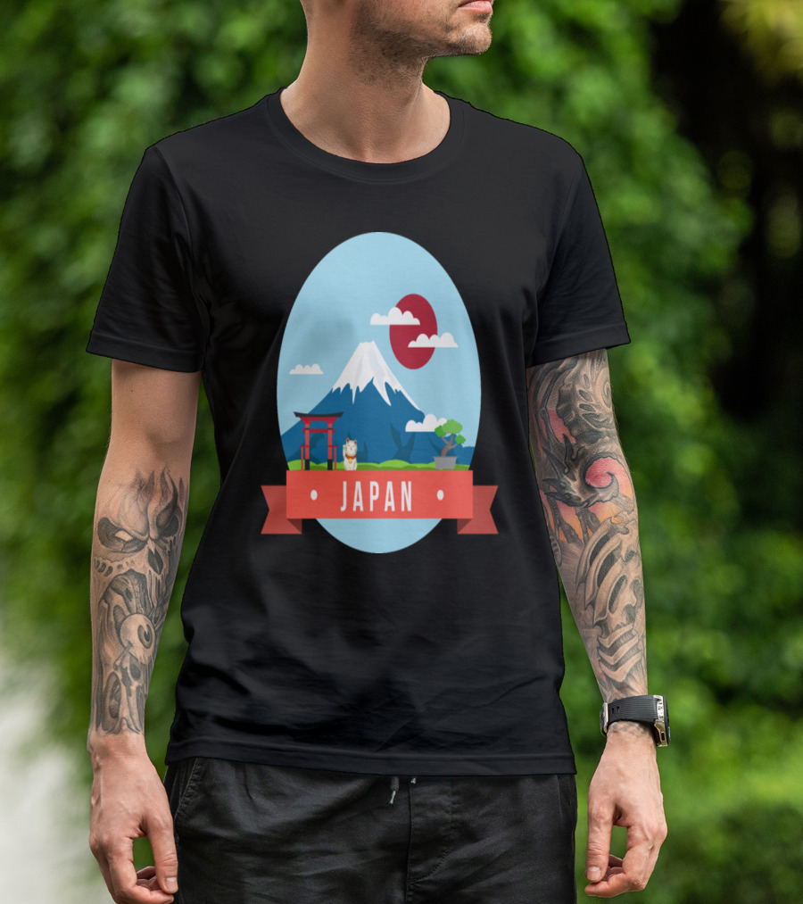 Japan Fuji Mountains Torii Cat Sun And Clouds Scenery T-Shirt