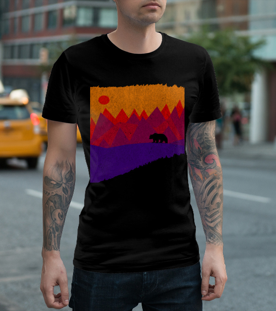 Mountains Sunset Silhouette with Bear Under Vibrant Sky T-Shirt