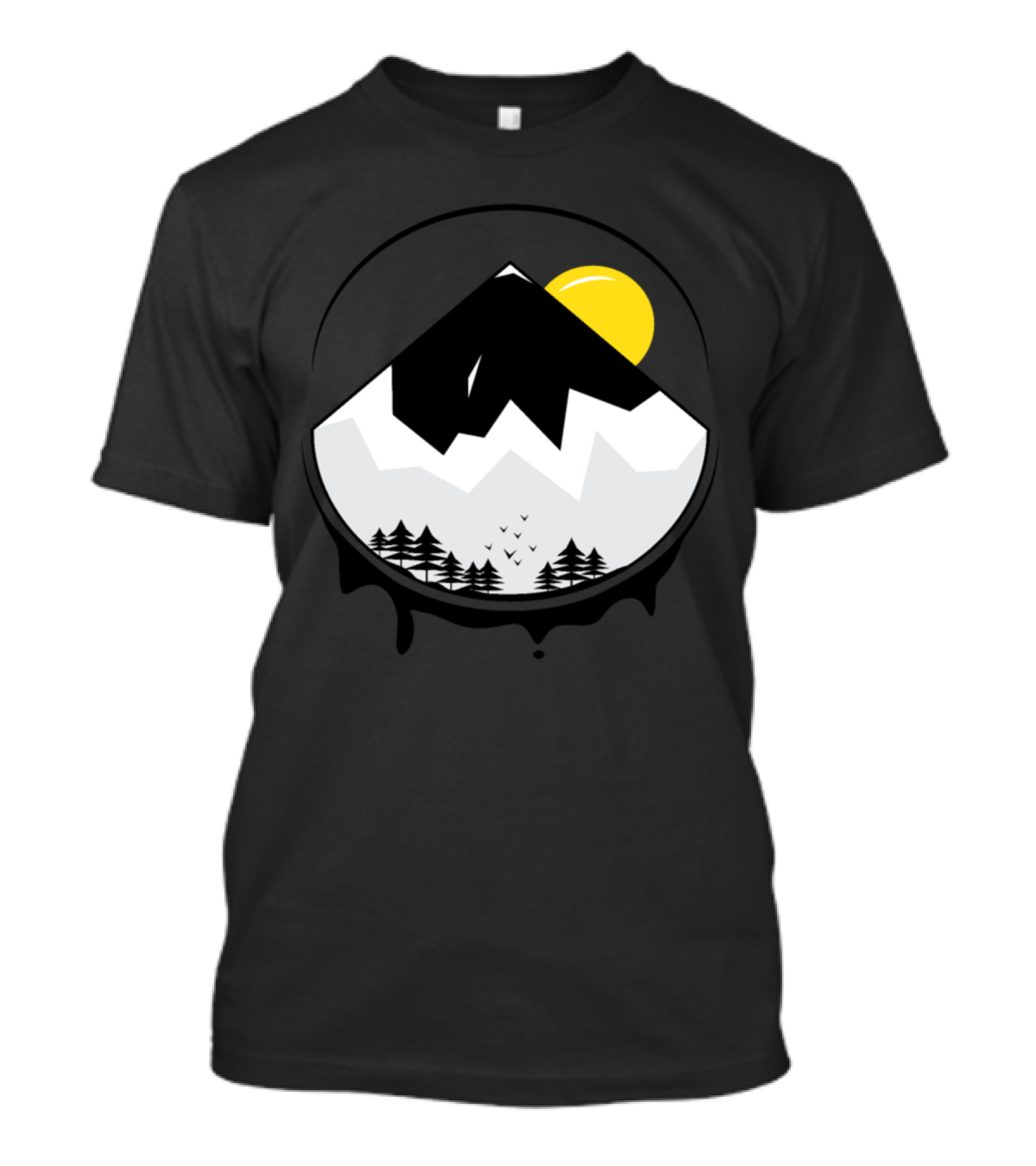 Black White Mountain Night Scene With Yellow Sun And Pine Trees T-Shirt