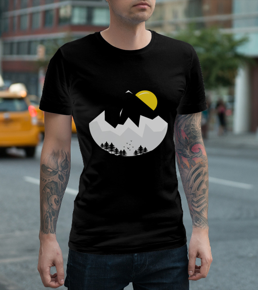Black White Mountain Night Scene With Yellow Sun And Pine Trees T-Shirt