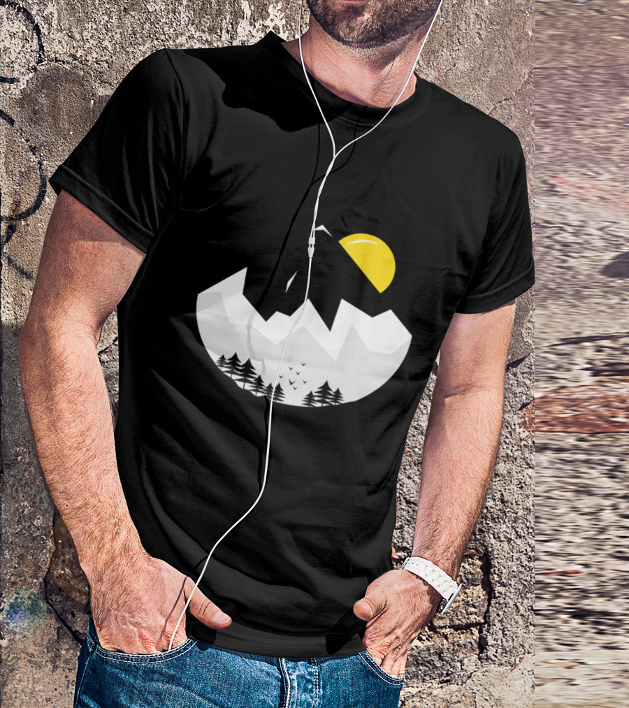 Black White Mountain Night Scene With Yellow Sun And Pine Trees T-Shirt