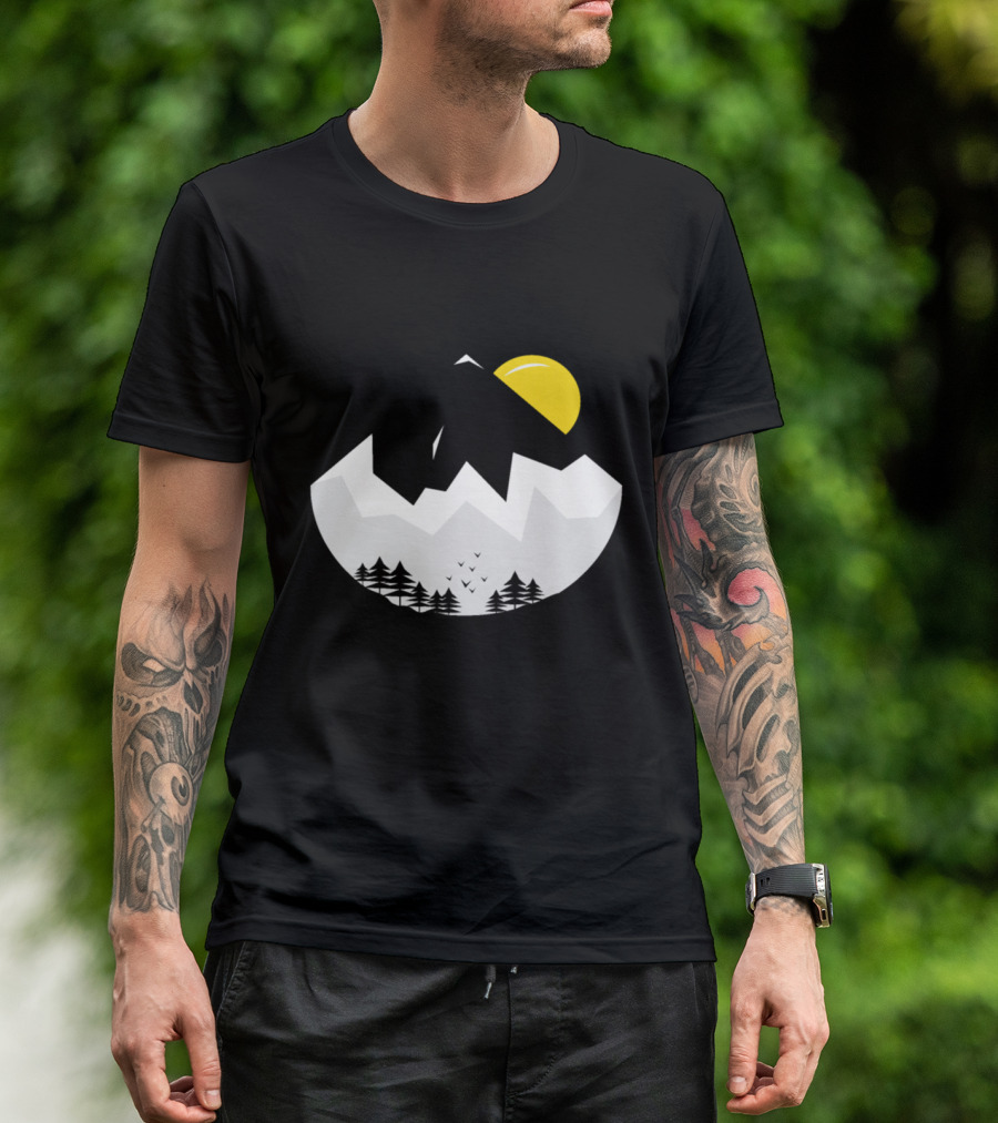 Black White Mountain Night Scene With Yellow Sun And Pine Trees T-Shirt
