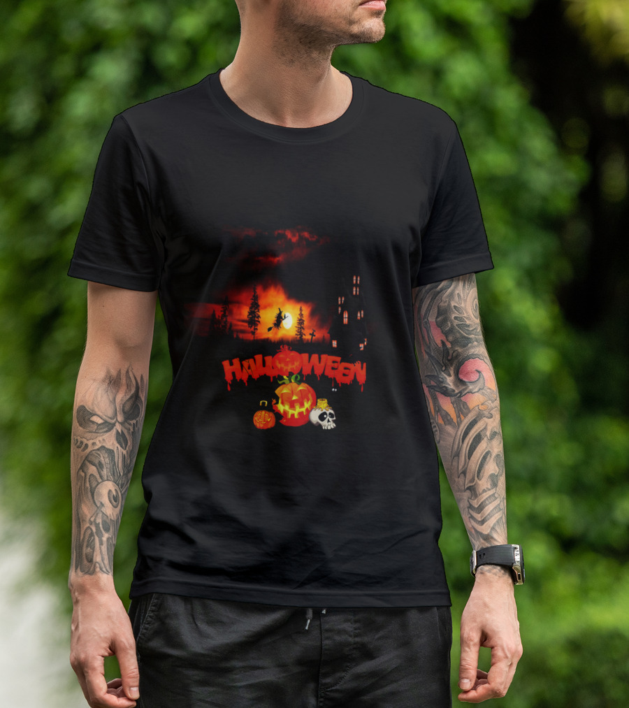 Halloween Pumpkin Witch With Haunted House And Skull T-Shirt