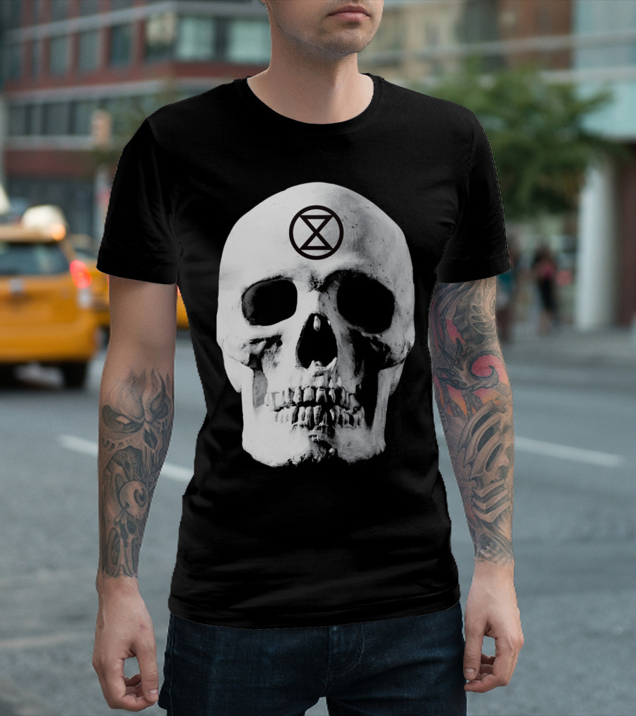 Extinction Rebellion Skull with Hourglass Symbol in Deadly Warning T-Shirt