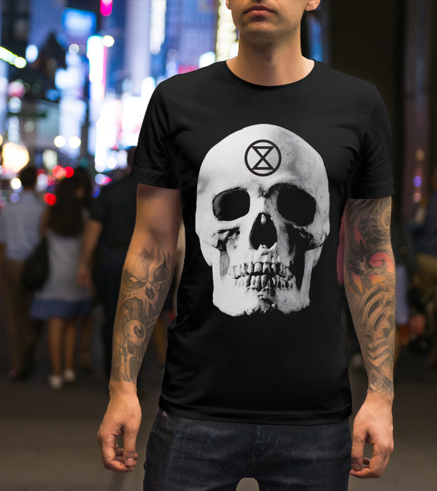 Extinction Rebellion Skull With Hourglass Symbol In Deadly Warning T-Shirt