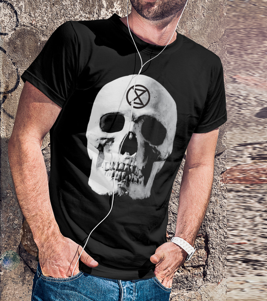 Extinction Rebellion Skull With Hourglass Symbol In Deadly Warning T-Shirt