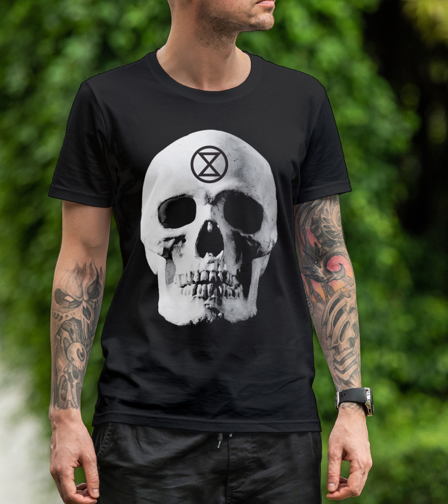 Extinction Rebellion Skull With Hourglass Symbol In Deadly Warning T-Shirt