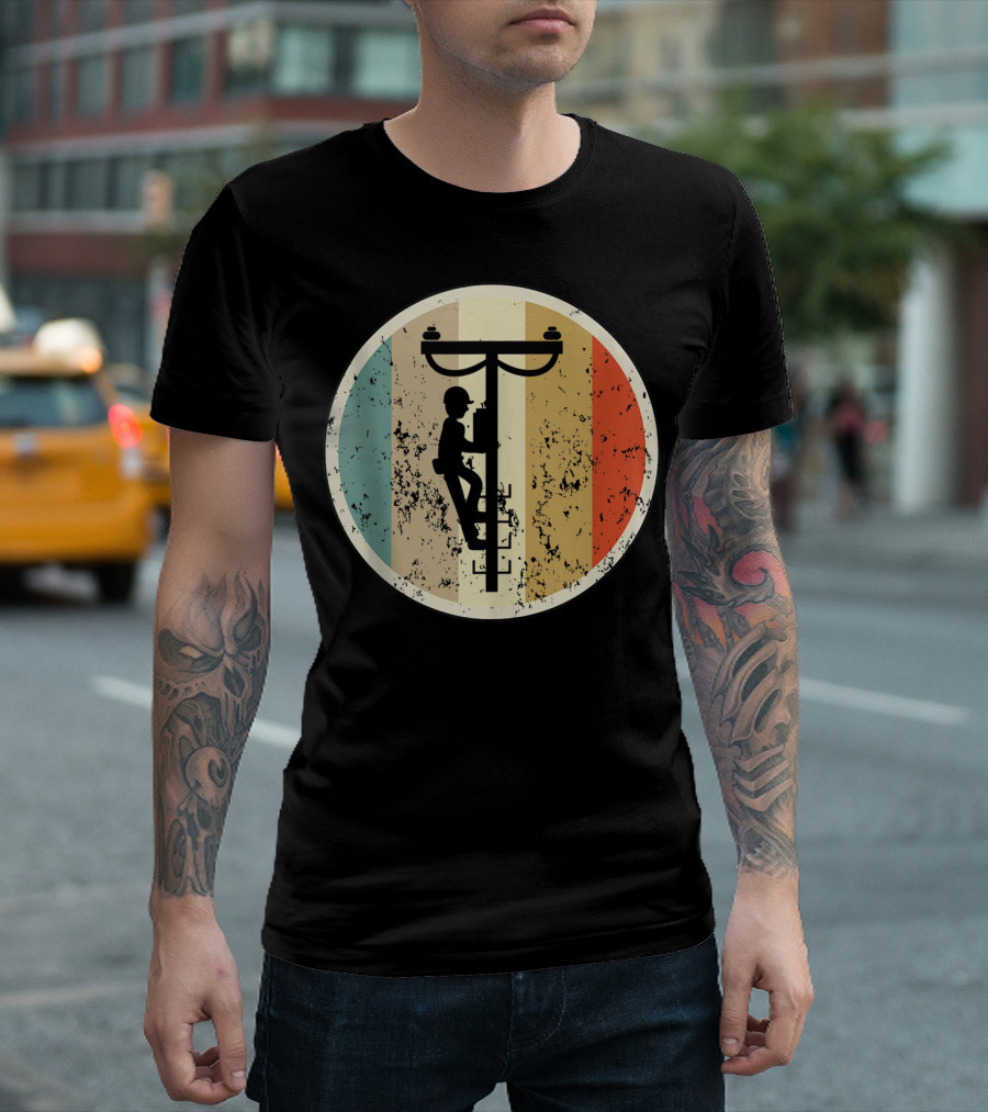 High Voltage Electrician Climbing Power Pole Retro Vintage Electrical T-Shirt